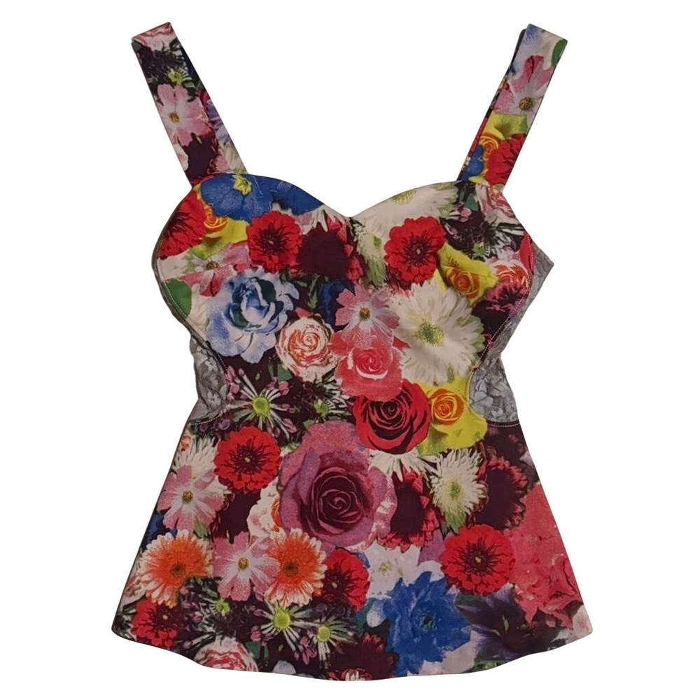 Guess Los Angeles Floral Lace Panel Corset Peplum Top XS Multicolor Sweetheart